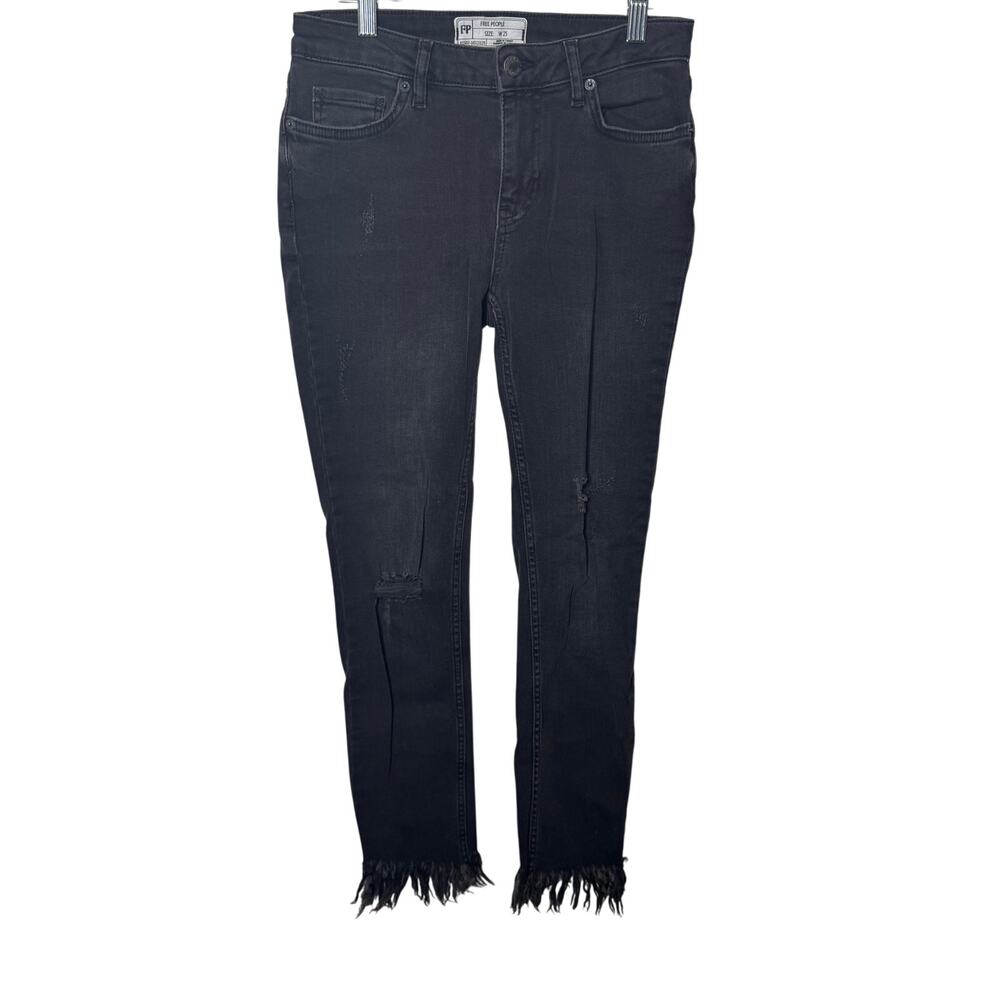 Free People Great Heights Jeans W25 Black High Rise Skinny Distressed Fringe Hem